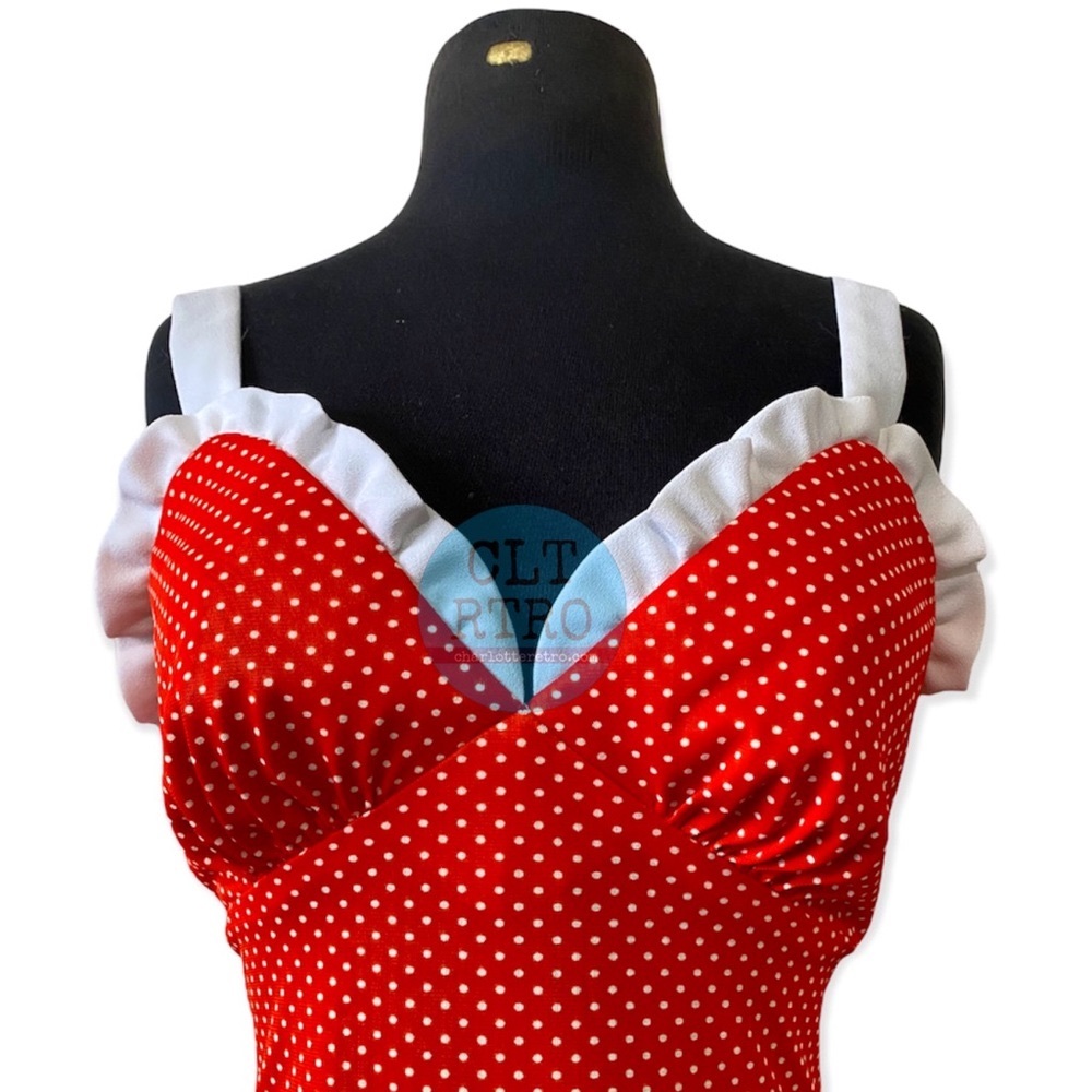 vtg Red Polka Dot Ruffle Maxi Dress - Picture 2 of 12